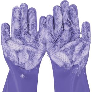 imagePecute Pet Grooming Gloves  Heat Resistant Silicone Gloves with HighDensity Teeth Enhanced Five Finger Design for Bathing and Massaging Dogs and Cats BluePurple