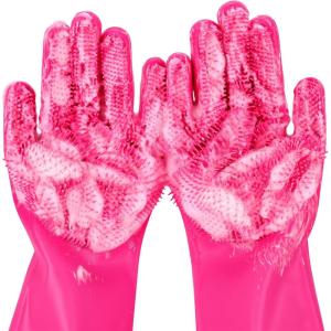 imagePecute Pet Grooming Gloves  Heat Resistant Silicone Gloves with HighDensity Teeth Enhanced Five Finger Design for Bathing and Massaging Dogs and Cats BluePink