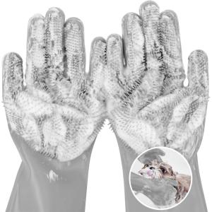 imagePecute Pet Grooming Gloves  Heat Resistant Silicone Gloves with HighDensity Teeth Enhanced Five Finger Design for Bathing and Massaging Dogs and Cats BlueGray