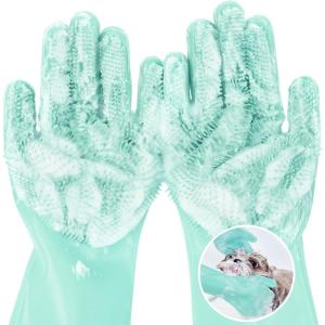 imagePecute Pet Grooming Gloves  Heat Resistant Silicone Gloves with HighDensity Teeth Enhanced Five Finger Design for Bathing and Massaging Dogs and Cats BlueGreen