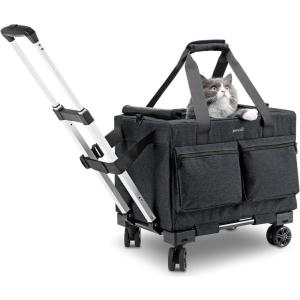 imagePecute Cat Carrier with WheelsSteel Wire Frame Cat Carrier Stable Pet Trolley Bag for Cats Pet Handbag and Stroller Bag Portable Cat Carrier Bag for Car Travel Bus Subway Dark Grey