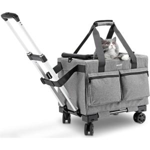 imagePecute Cat Carrier with WheelsSteel Wire Frame Cat Carrier Stable Pet Trolley Bag for Cats Pet Handbag and Stroller Bag Portable Cat Carrier Bag for Car Travel Bus Subway Grey