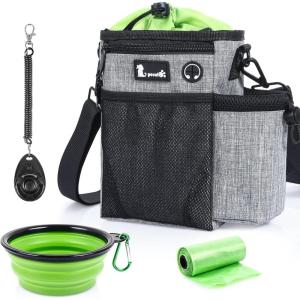imagePecute Dog Treat Pouch HandsFree Dog Training Bag with Shoulder Strap Waist Belt Metal Clip and Foldable Bowl Builtin Poop Bag Dispenser 3 Ways to Wear Suitable for Training Walking GreyGrey  Green