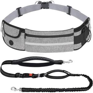 imagePecute Hands Free Dog Leash with Pouch Waist Belt Fanny Pack with Soft Padds Dual Padded Handles and Durable Bungee for Walking Hiking Jogging Biking and Running Up to 220lbsGrey 20
