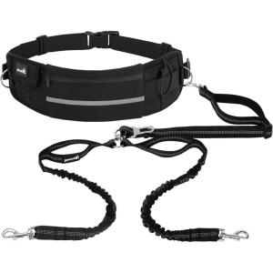 imagePecute Hands Free Dog Leash with Pouch Waist Belt Fanny Pack with Soft Padds Dual Padded Handles and Durable Bungee for Walking Hiking Jogging Biking and Running Up to 220lbsBlacknew