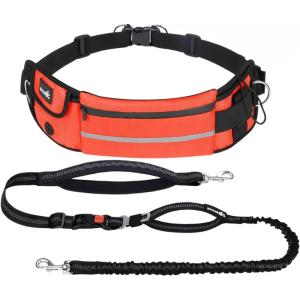 imagePecute Hands Free Dog Leash with Pouch Waist Belt Fanny Pack with Soft Padds Dual Padded Handles and Durable Bungee for Walking Hiking Jogging Biking and Running Up to 220lbsOrange20