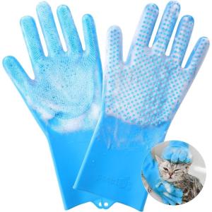 imagePecute DoubleSided Silicone Pet Grooming Gloves with HighDensity Teeth  HeatResistant Efficient for Dog and Cat Bathing Massaging and BrushingBlue