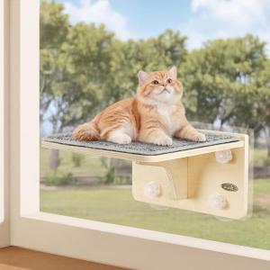imagePecute 2in1 Large Cat Window Perch ampamp Wall Shelves Cat Hammock Window with Solid Wood Strong Suction Cup Washable Cover Mat Window seat Indoor Cats Perch Bed for Birds Watching Inside 21quotx11quotCarpet S  118L x 102W x 62H 