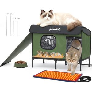 imagePecute Heated Outdoor Cat House with Heating Pad  Weatherproof Insulated Winter Shelter for Outside Feral Cats Cathouse with 2 Exits Reinforced Metal Frame Expanded Canopy for Porch Garage BarnLarge