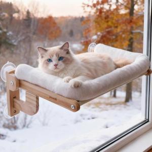 imagePecute Foldable Cat Window Perch CloudSoft Cat Bed with Solid Wood Frame Strong Suction Cup Washable Cushion Stable Large Cats Hammock with Sided Bolster Cats Perch Indoor for Sunbathing WhiteWhite Cushion Cat Bed
