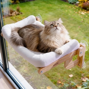 image:imagePecute Cat Window Hammock Foldable Space Saving Cat Window Bed with Soft Cushion Sturdy Wood Frame Hanging Cats Lounge Seat Collapsible Large Perch with Suction Cups for Indoor CatsGrey 26 LWhite